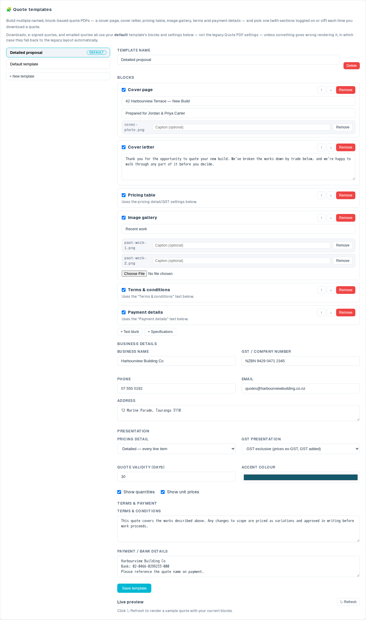 Building a named quote template out of blocks — cover page, cover letter, pricing table, image gallery, terms and payment details