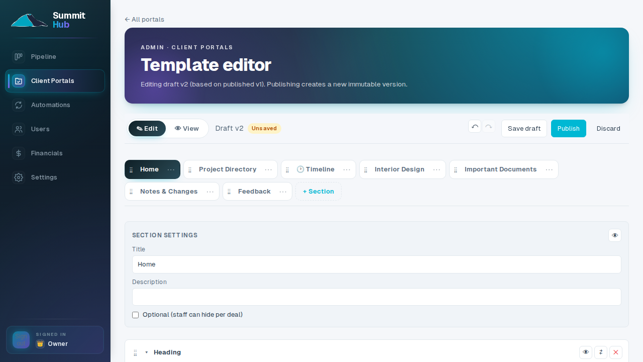 Designing a client portal template in the drag-and-drop editor