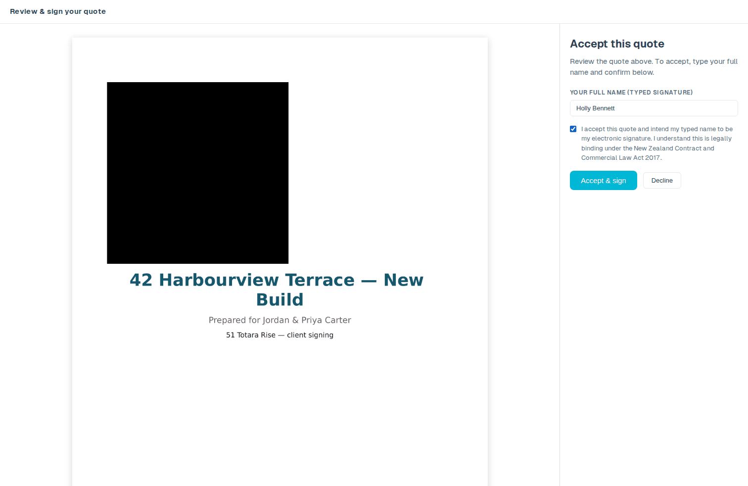 A client e-signing a building quote on the embedded signing page