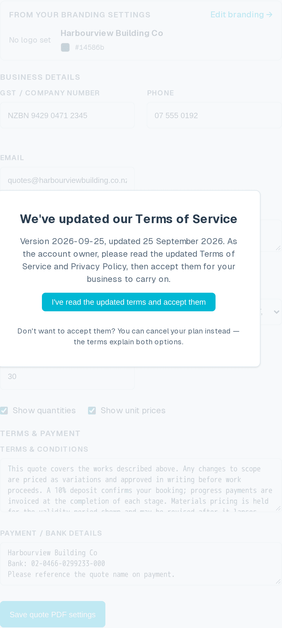 The Quote PDF settings form: business details, logo, presentation options, terms and payment details
