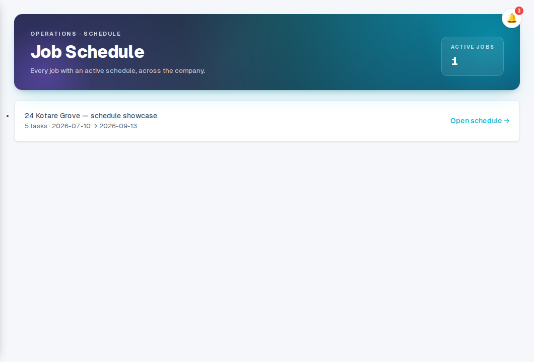 The company-wide Schedule page listing every job with an active schedule