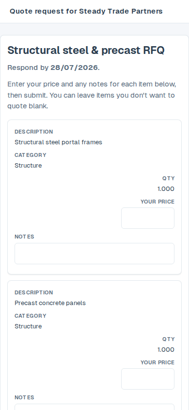The public quote-request page on a phone — requested items as labelled cards with a price and notes field each