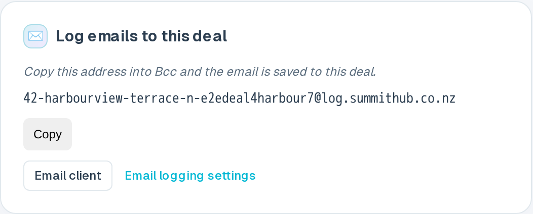 The Log emails to this deal box on a deal page, with the deal's log address, a Copy button and the Email client button