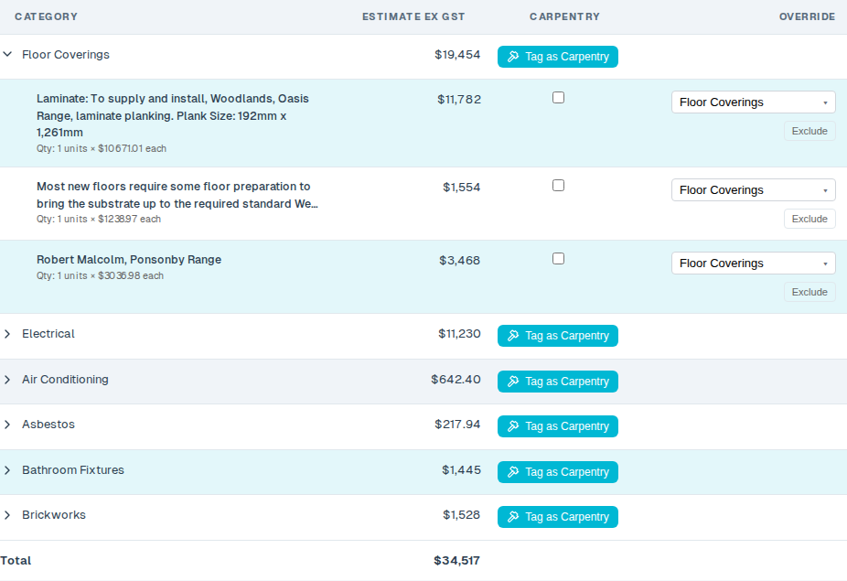 Each line in the estimate breakdown has an Exclude button