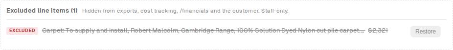 The greyed Excluded line items panel, with a Restore button