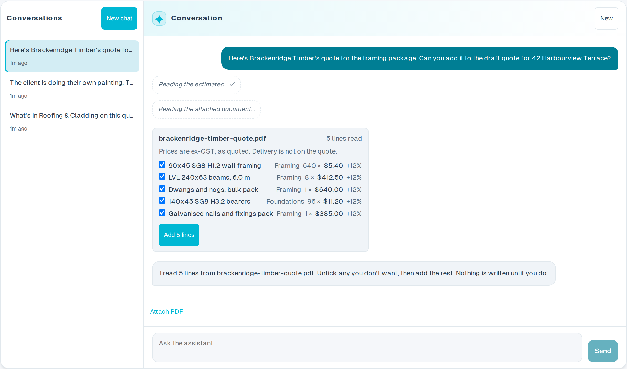 The Summit Hub assistant: a user's message about a supplier timber quote, two tool steps, and a proposal card listing five estimate lines with categories, quantities and costs and an Add 5 lines button, followed by the assistant's note that nothing is written until the lines are added.