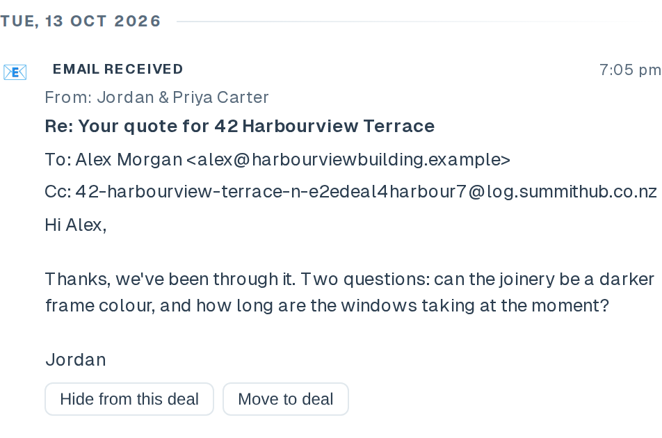 A client's reply opened in the deal's activity, dated Tue 13 Oct, showing who it was to, the deal's log address in Cc, the text, and the Hide from this deal and Move to deal buttons
