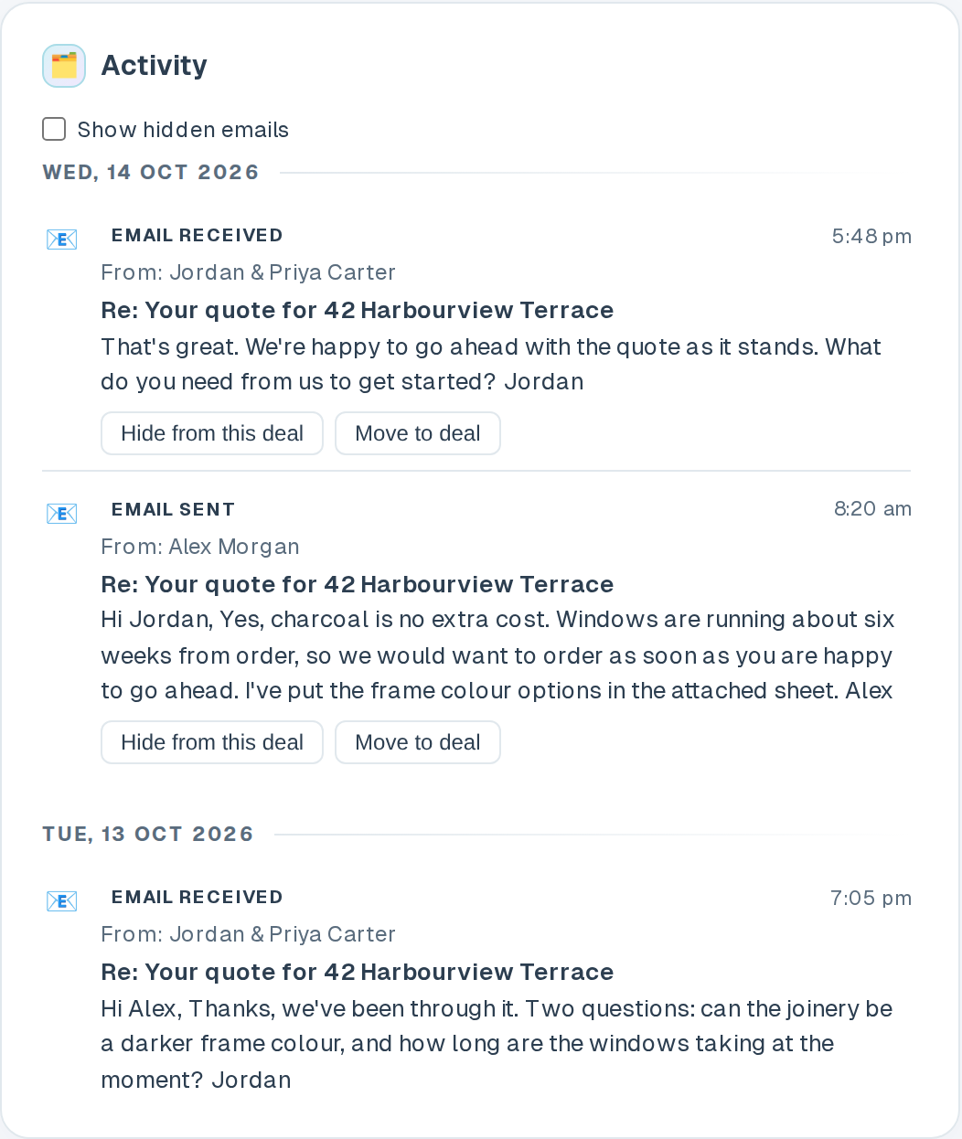 A deal's Activity feed with logged emails between a builder and a client, each marked Email sent or Email received, with the subject and the start of the text