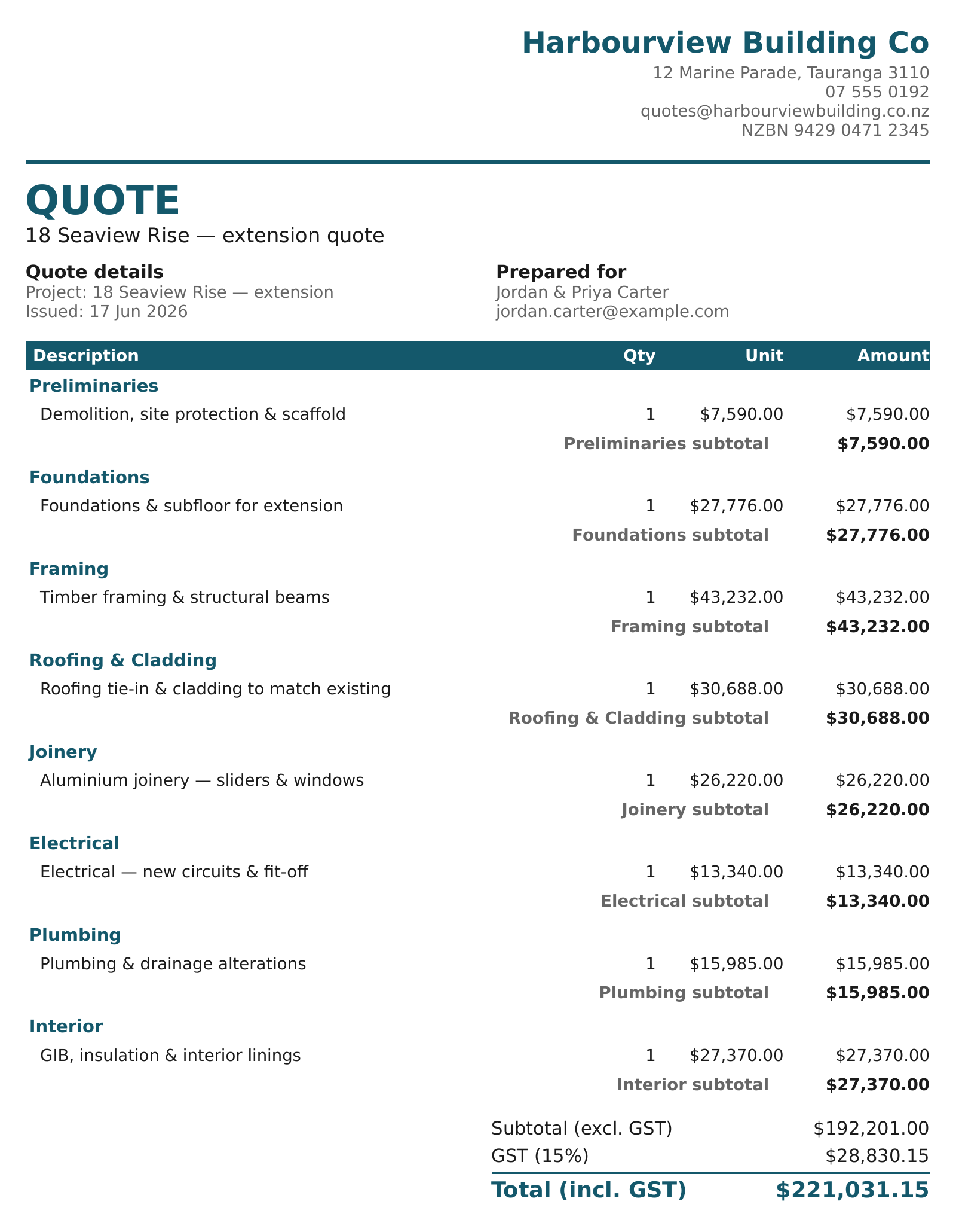 A Summit Hub quote PDF for an extension, with priced trade categories, GST and a total