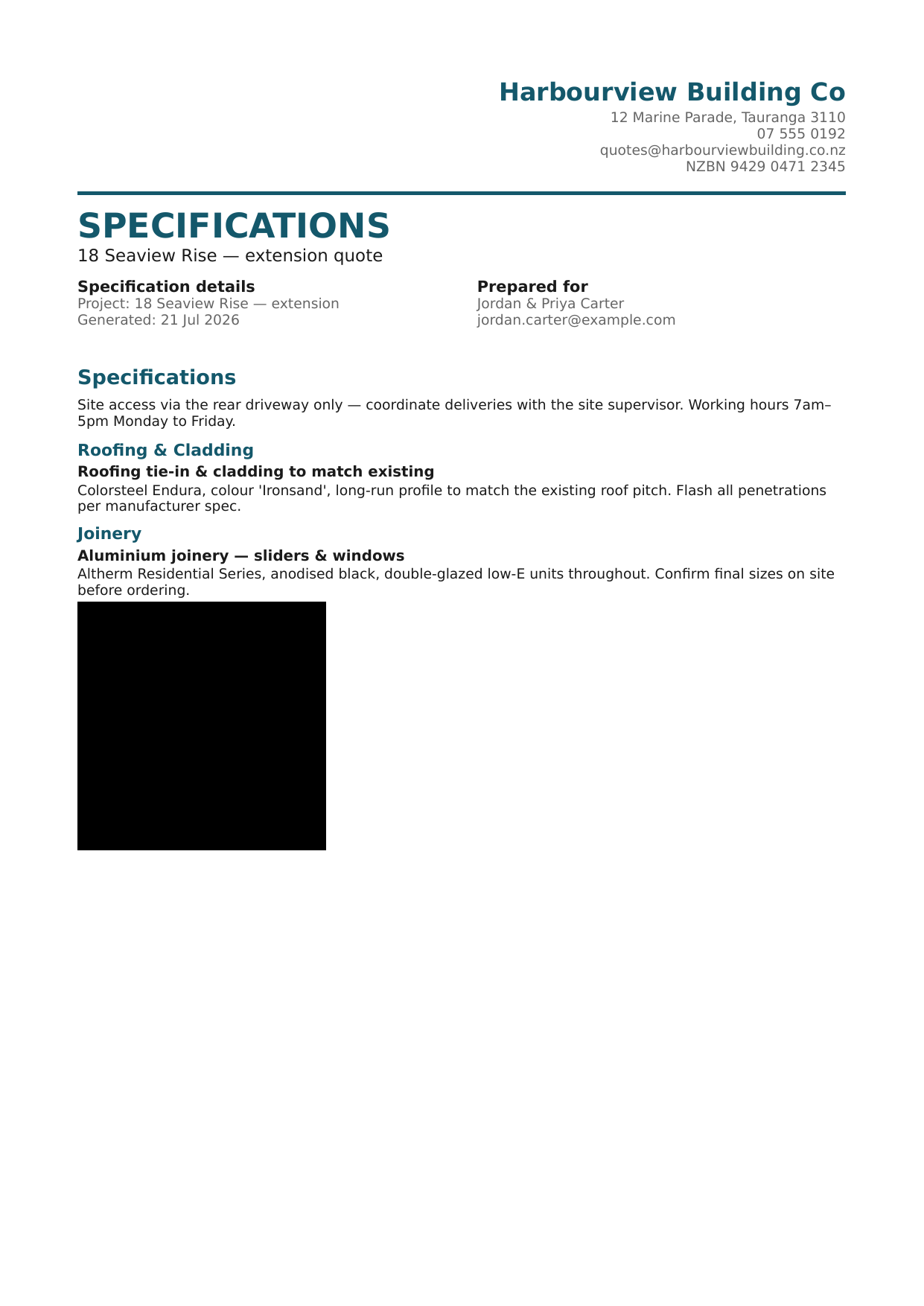 The first page of a generated specification PDF — write-ups and photos grouped by category, no dollar figure anywhere on the page